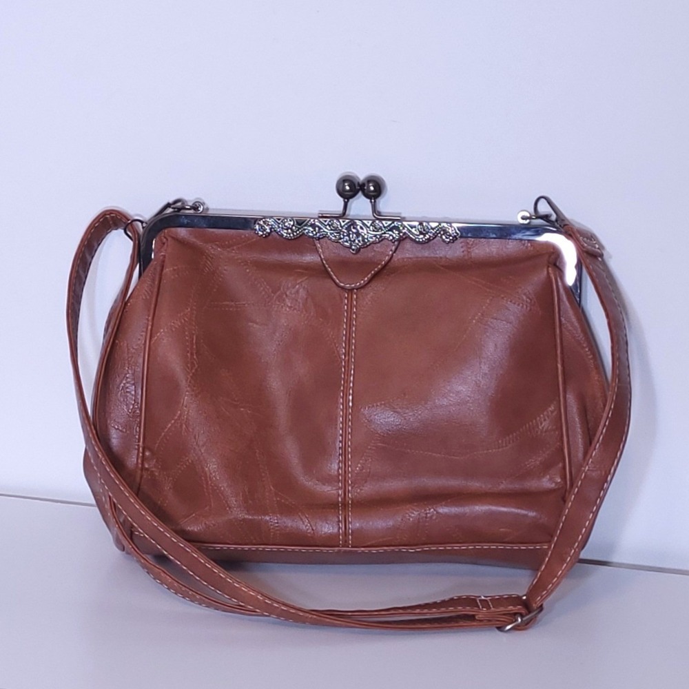 Brown Patchwork Vegan Leather Kiss Lock Crossbody Frame Bag Vintage Style